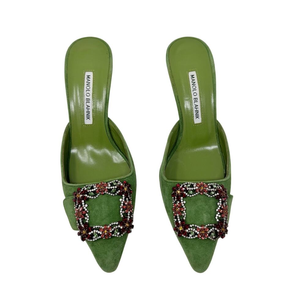 Rare Manolo Blahnik Maysale Jewel Green Suede Multicolor Crystal Mule Heels 38 - Picture 2 of 10